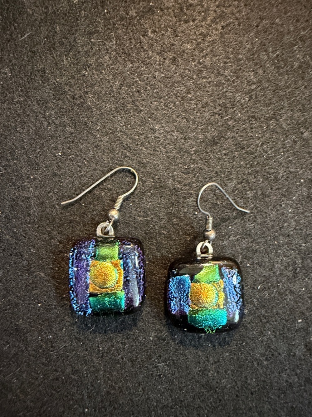 Murano Iridescent Square Drop Earrings in Blue, Green & Gold